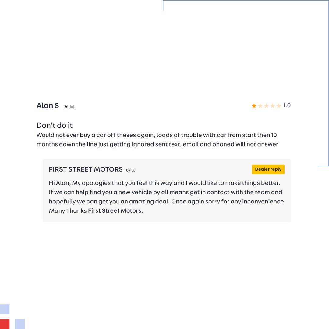 A dealer reply to a negative review on the Autotrader platform