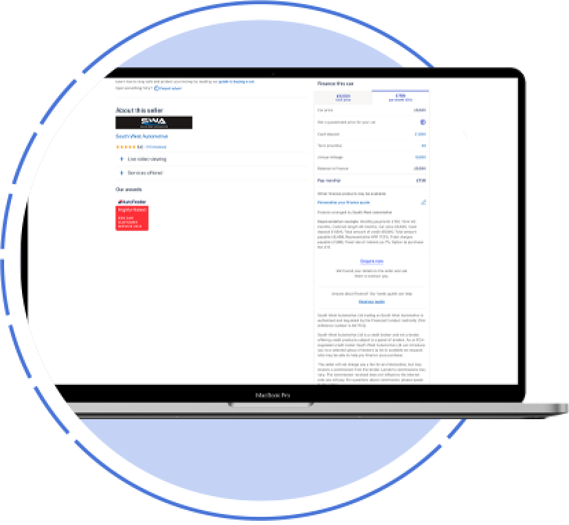Finance Calculator A laptop showing the finance options on a full-page advert on the Autotrader site.