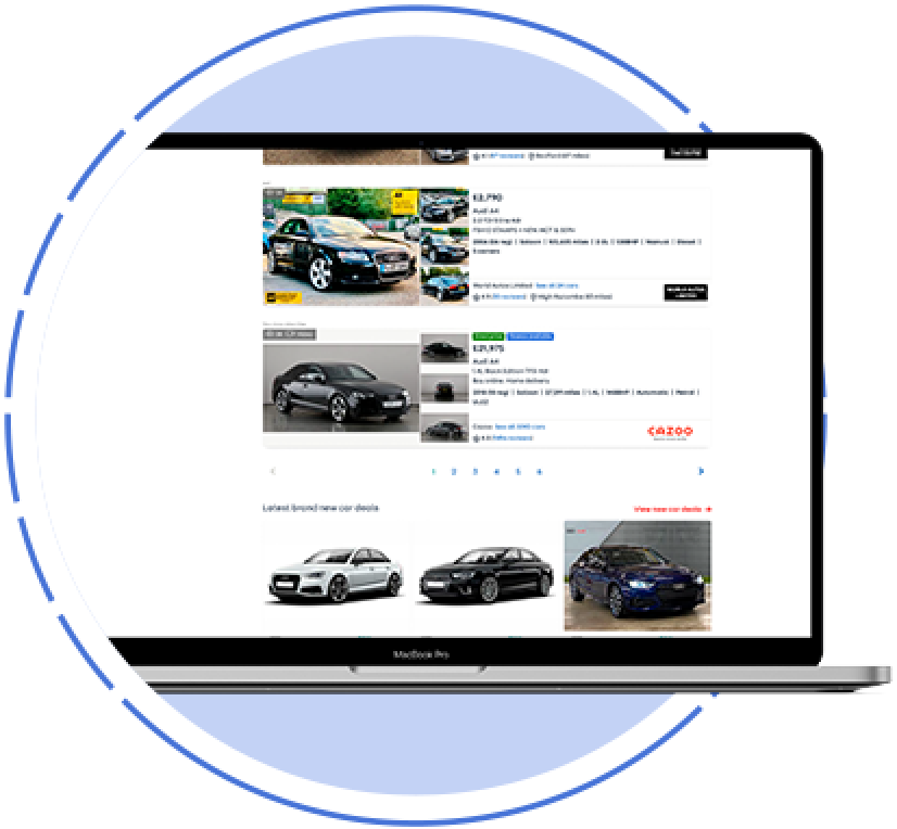Pay Per Click An laptop showing search results of vehicles on the Autotrader site with promoted advertising positions