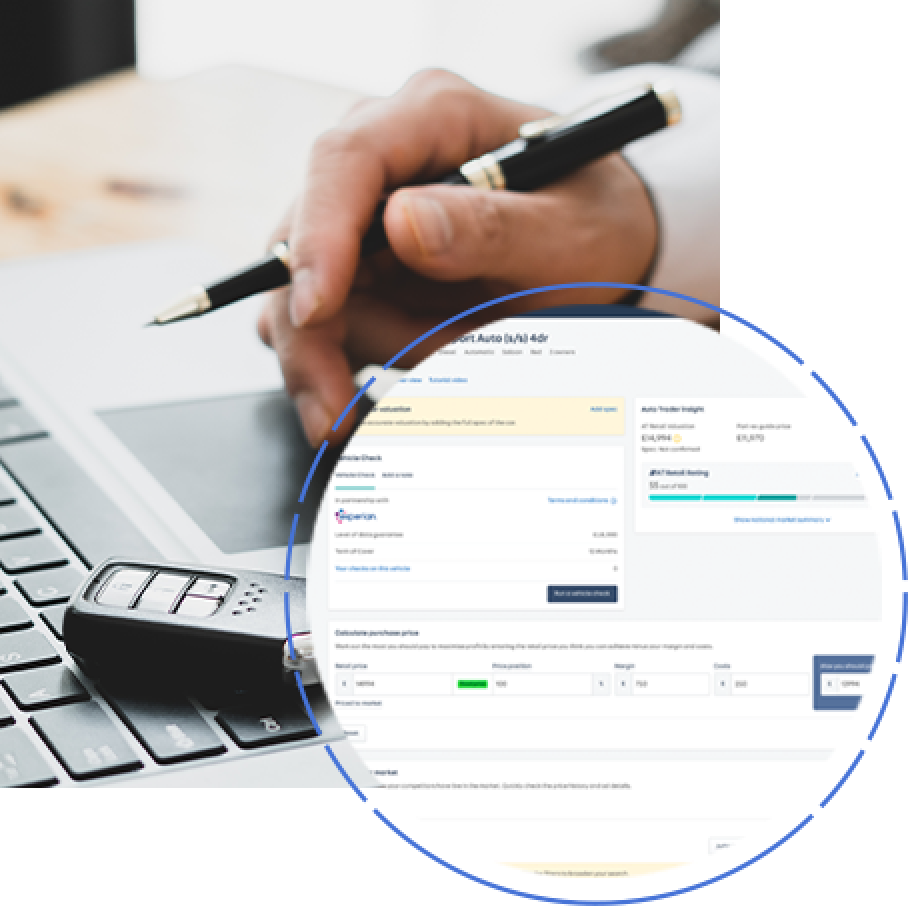 Retail Check Collage: Image 1: A sales manager working out data with a laptop whilst holding a pen. Image 2: A screenshot of the Retail Check platform on Autotrader.